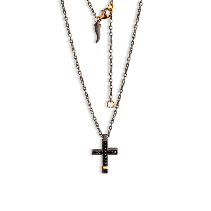 COLLANA CON CROCE MEDIA IN TITANIO, ORO ROSSO 18 KT, ORO ROSSO 9 KT, DIAMANTI BLACK E CATENA