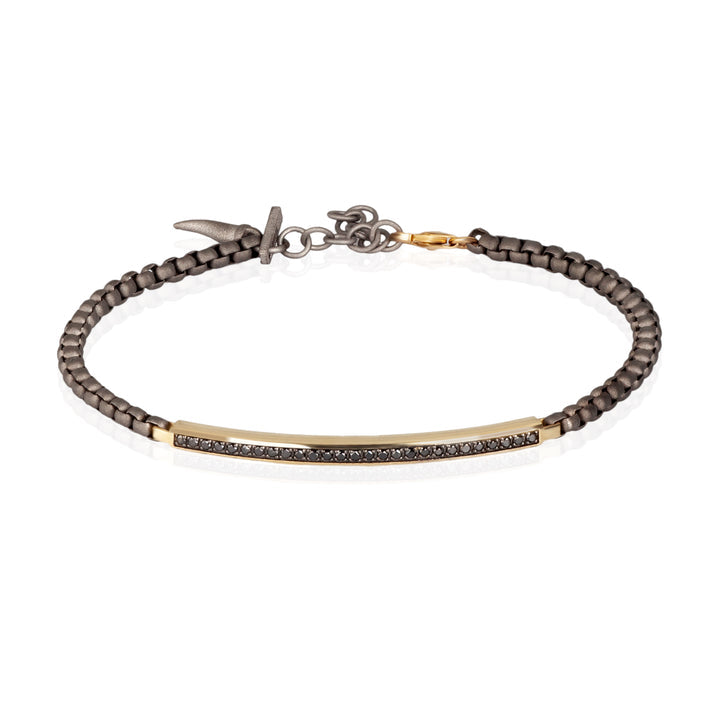 BRACCIALE UOMO CON CATENINA SCOOBY DOO IN TITANIO E TARGHETTA IN ORO GIALLO 9 KT CON DIAMANTI BLACK