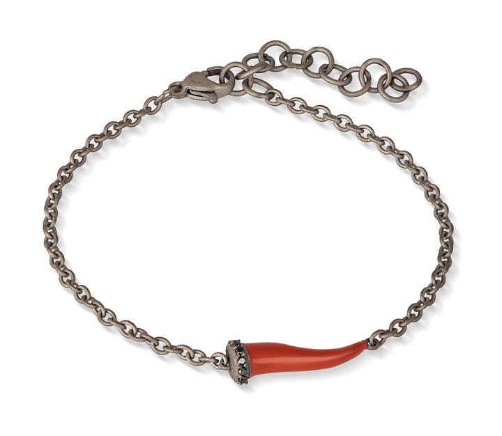 BRACCIALE CHARMS CON CORNETTO SMALTATO ROSSO IN TITANIO, 5 BLACK E CATENA