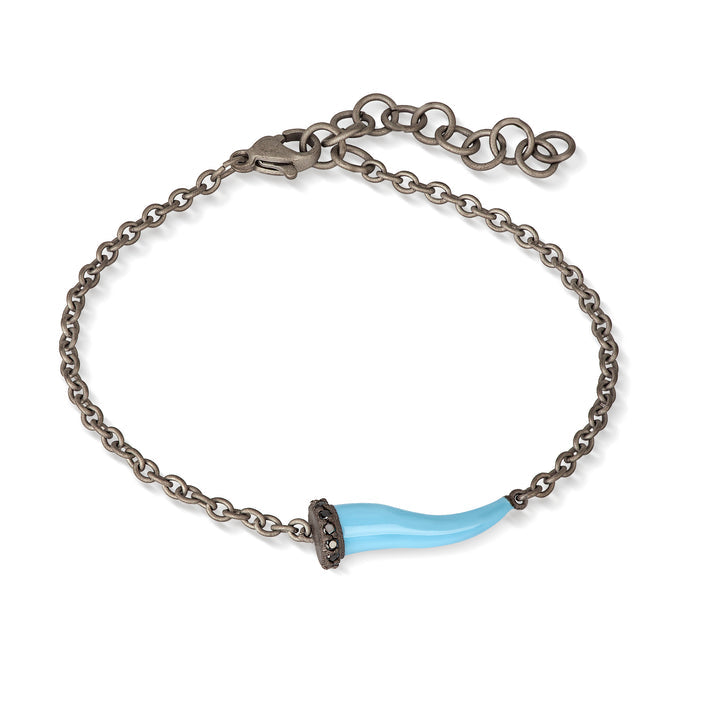 BRACCIALE CHARMS CON CORNETTO SMALTATO AZZURRO IN TITANIO, 5 BLACK E CATENA