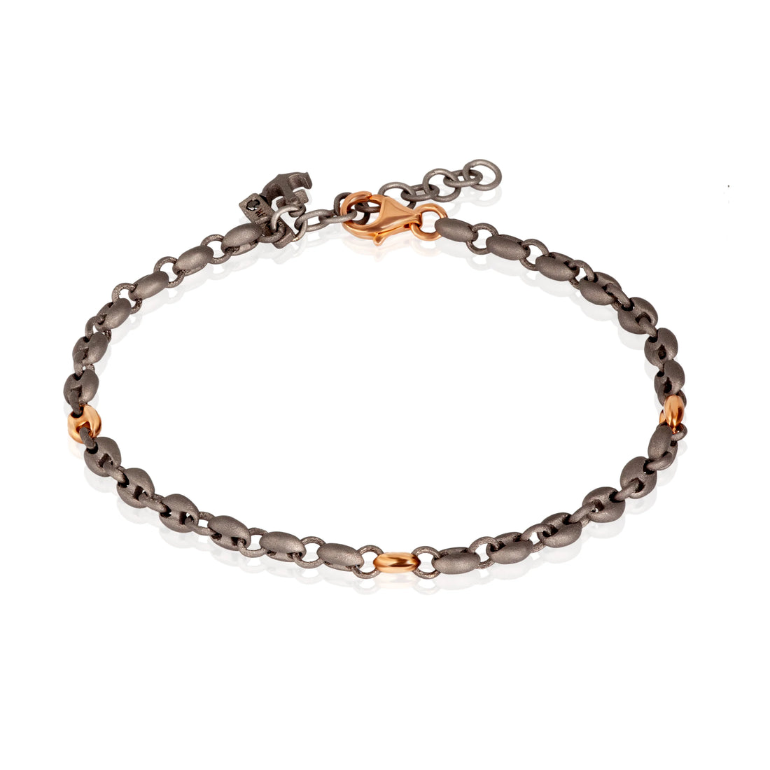 BRACCIALE UOMO CON MAGLIE MARINE PICCOLE IN TITANIO E ORO ROSSO 9 KT, ANCORA IN TITANIO E DIAMANTE BLACK